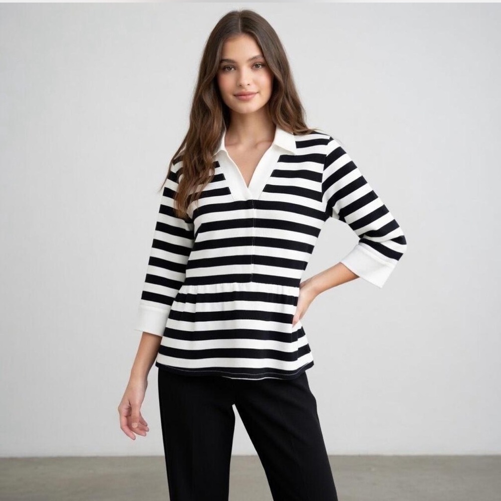 Marsh Landing Black and White Striped Polo Top